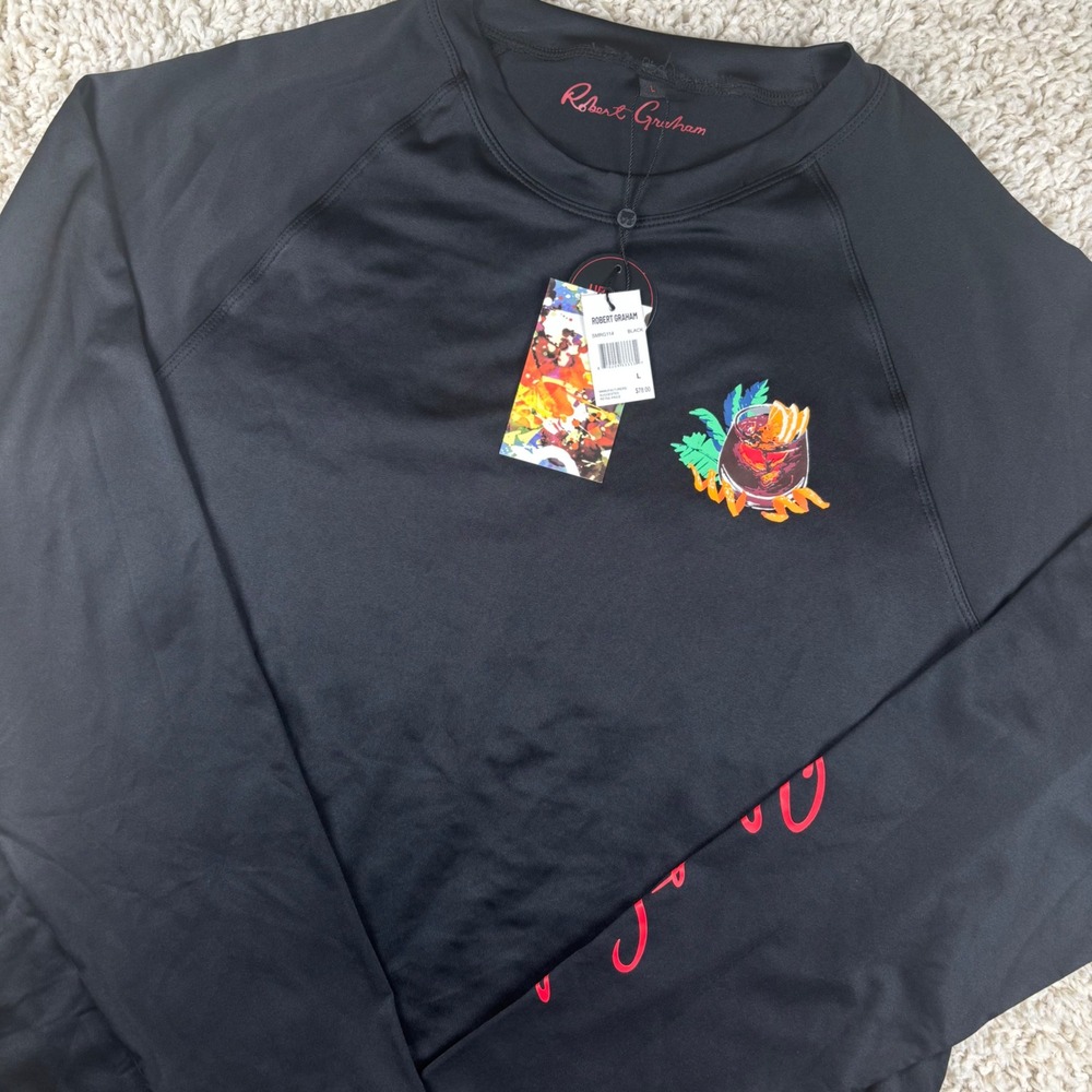 Robert Graham Rash Guard Men Large Black Long Sleeve Cocktail Graphic SPF UV NWT
